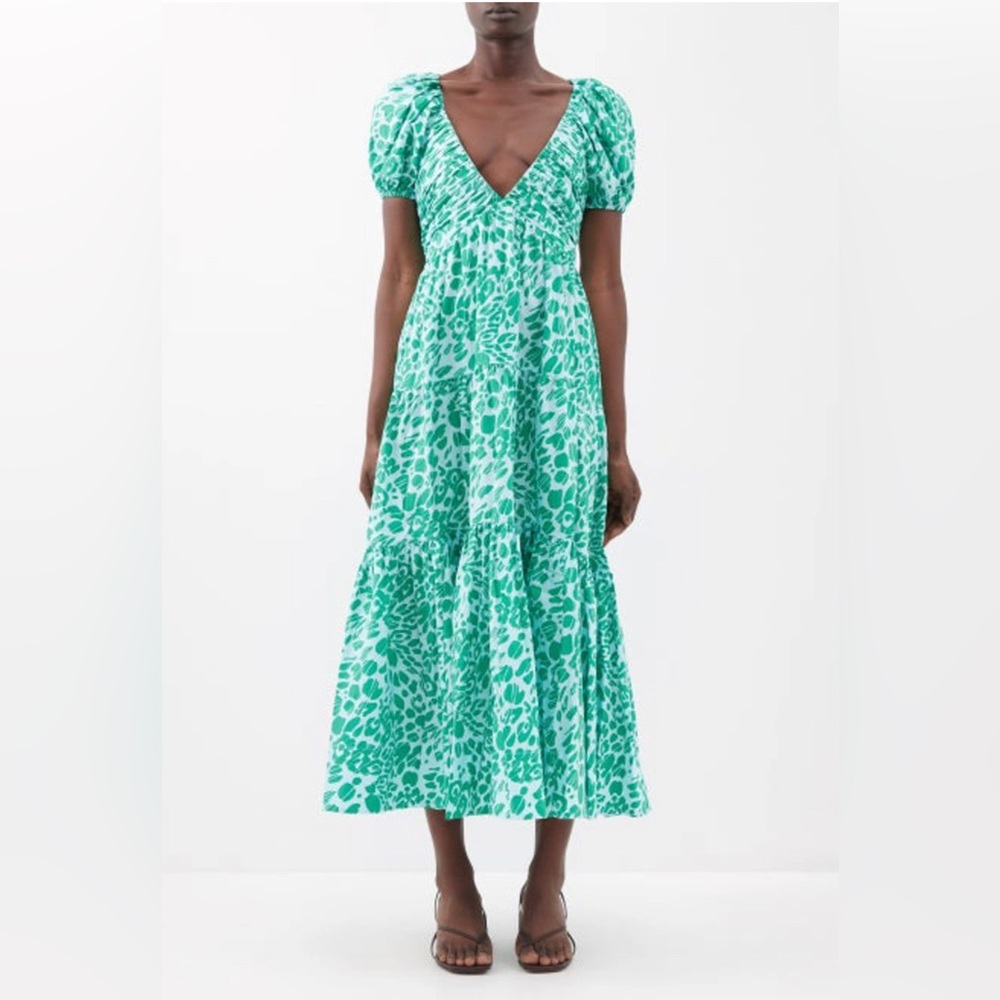 La Ligne Ina green animal print deep v dress xs
